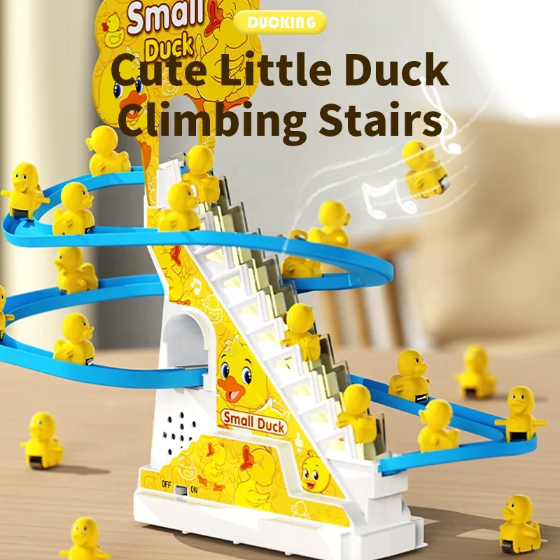 Hot-selling little yellow duck up the stairs and down the slide Electric duck track Music light Children's toy