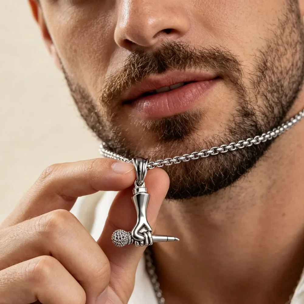 Men Women Hip Hop Punk Necklace Handheld Microphone Headphones Pendant Trendy Accessory