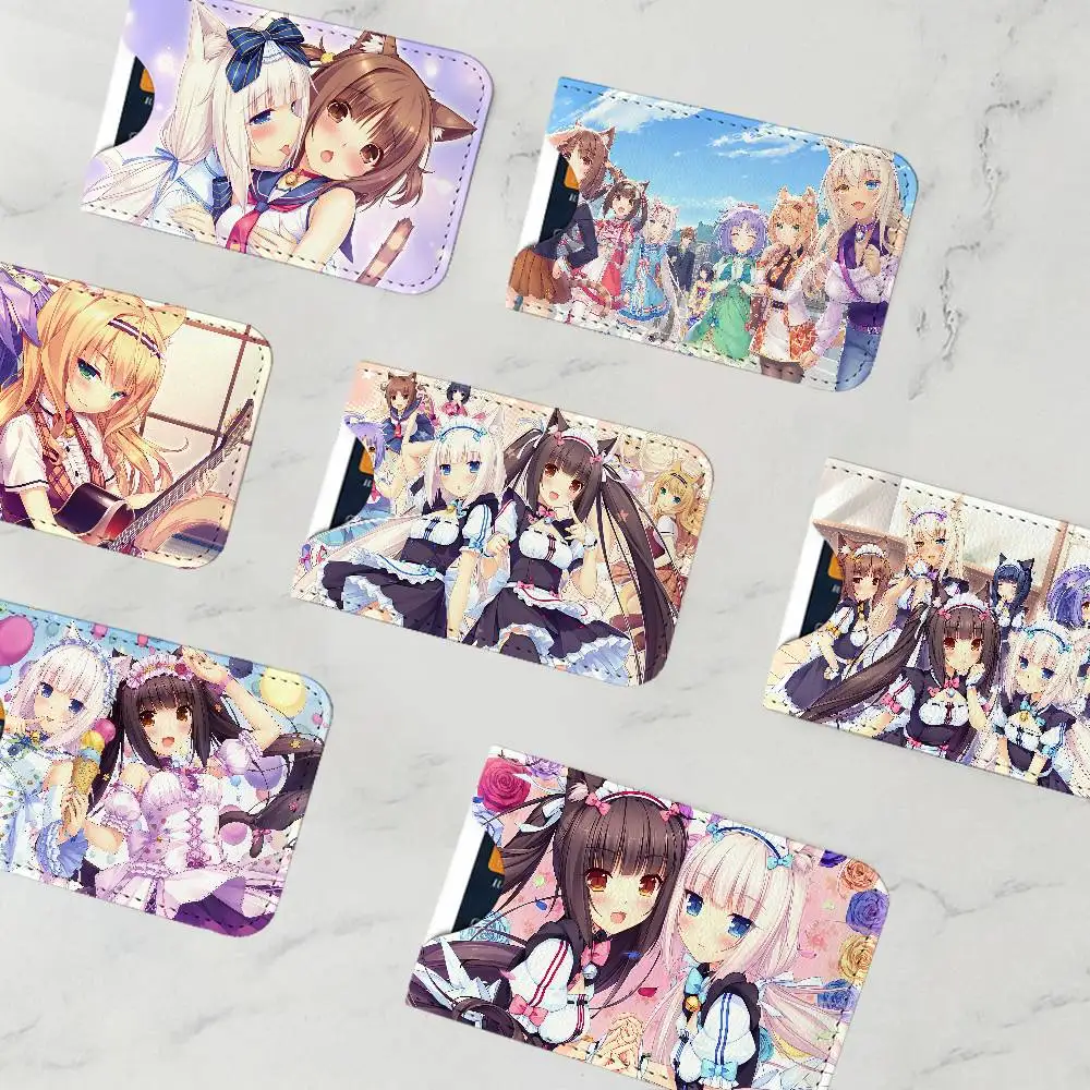 Cute N-Nekopara Anime kawaii Men Leather Card Case, Minimalist Mini Credit/Bus ID Card Holder, Small Compact for Office Business