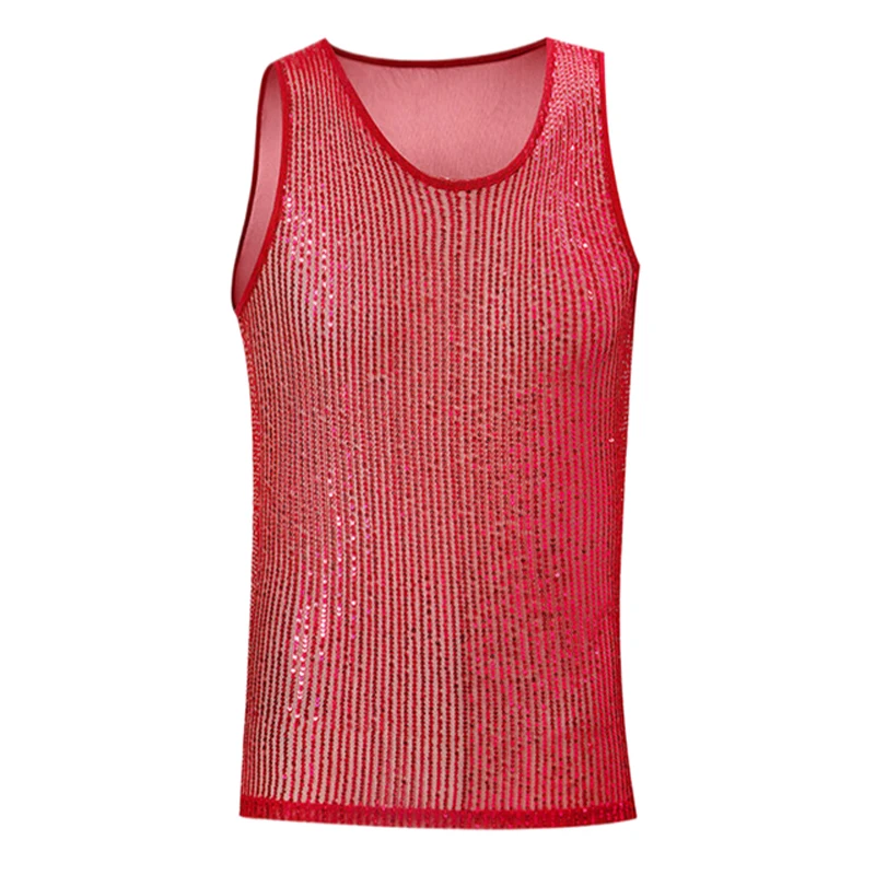 Herren-Netz-Strass-Y2K-Tanktop, durchsichtig, glitzernd, Party-T-Shirt, Nachtclub, Musikfestival, Bühnenkostüm – Detail 9