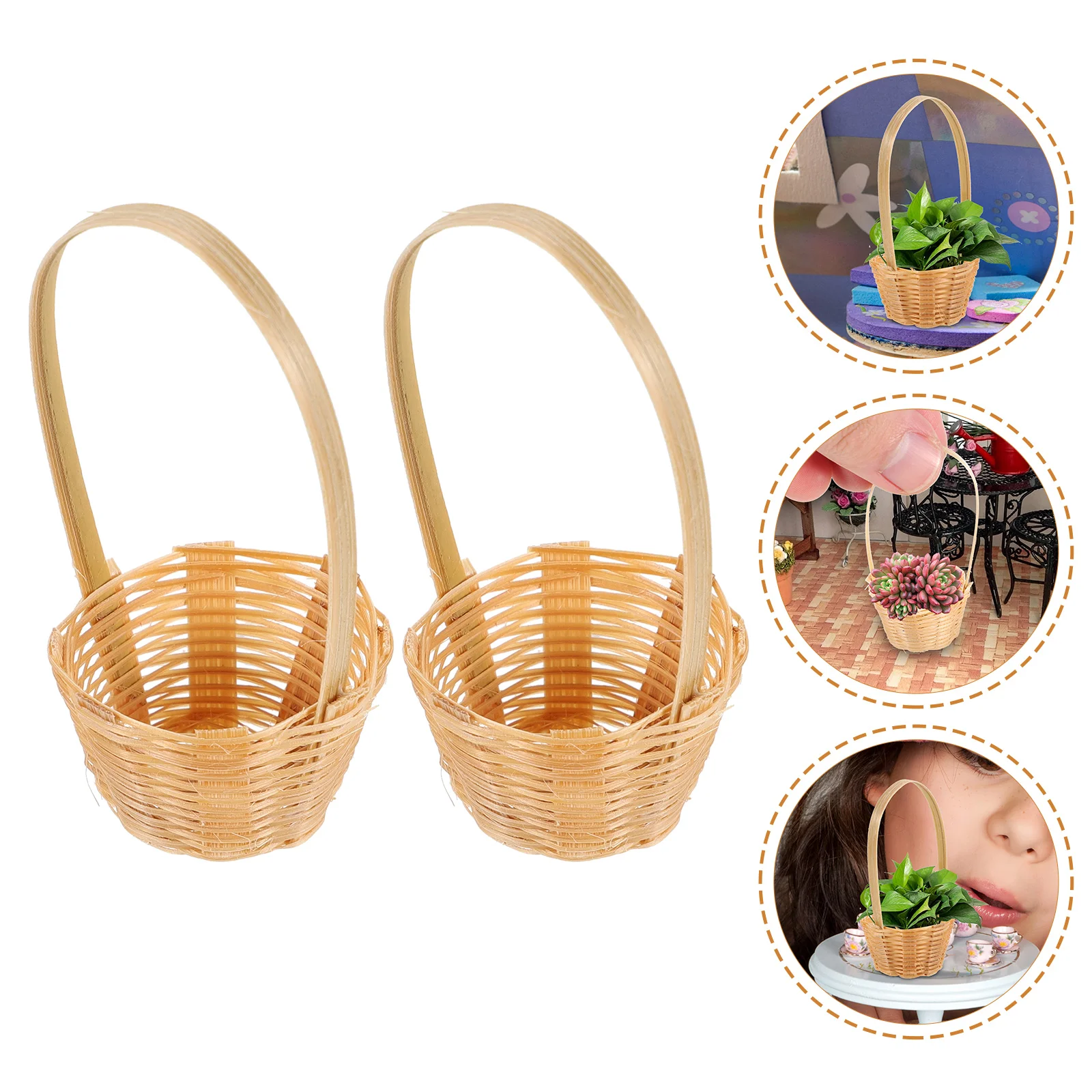 

2 Pcs Mini Bamboo Basket Wicker Dollhouse Picnic Decor Desktop Home Woven Kids Accessory Decorative Model Miniature