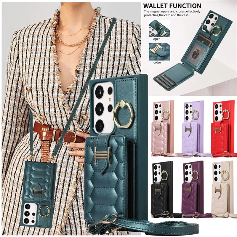 Lanyard Vertical Flip Leather Case for Samsung S23 Ultra S22 Plus S21 S20 FE A14 A54 Z Fold 5 Flip 4 3 Wallet Card Metal Cover