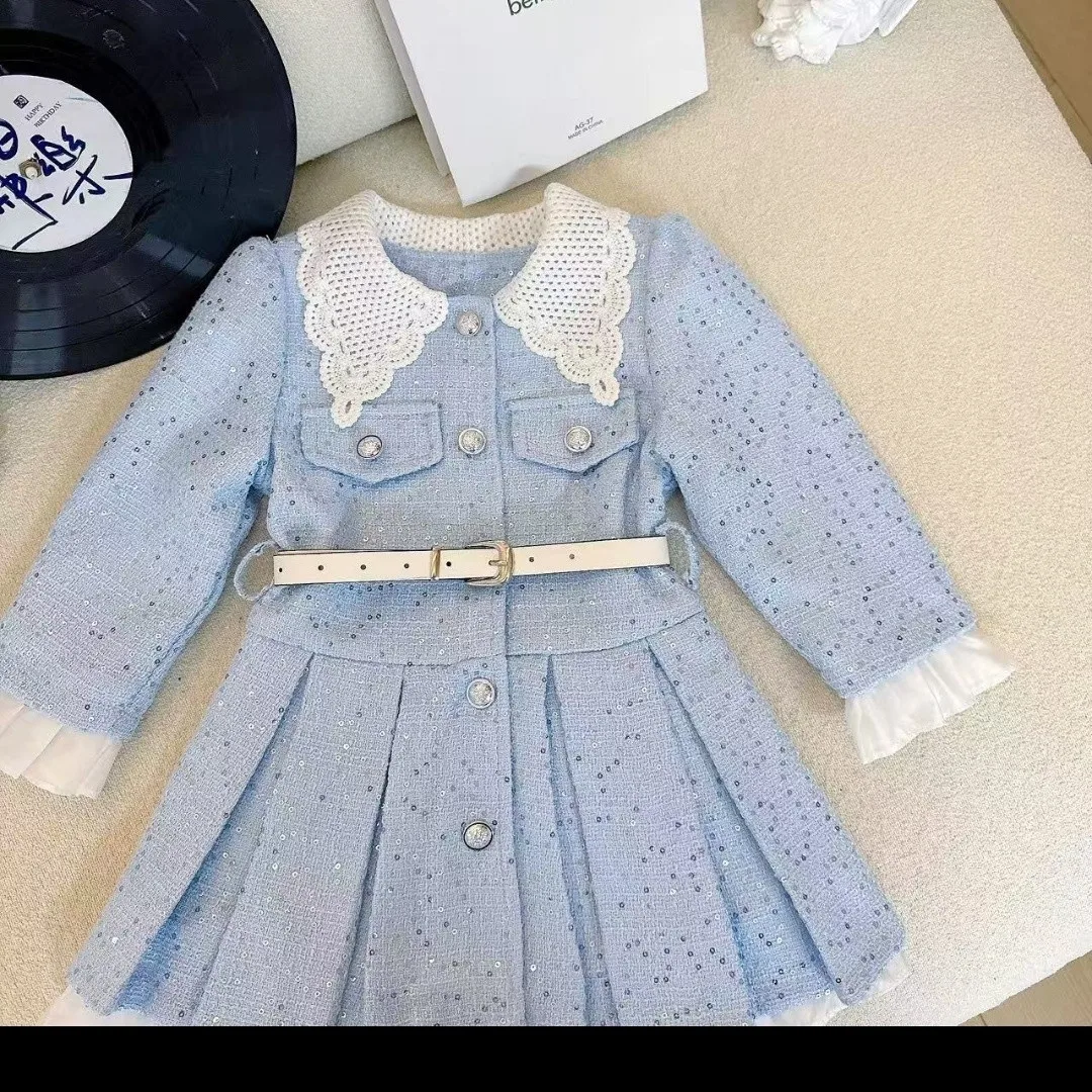 Girls Long Sleeve Dress Spring Autumn New Belted Dress Kids Fashion Elegant Temperament Princess Outfit