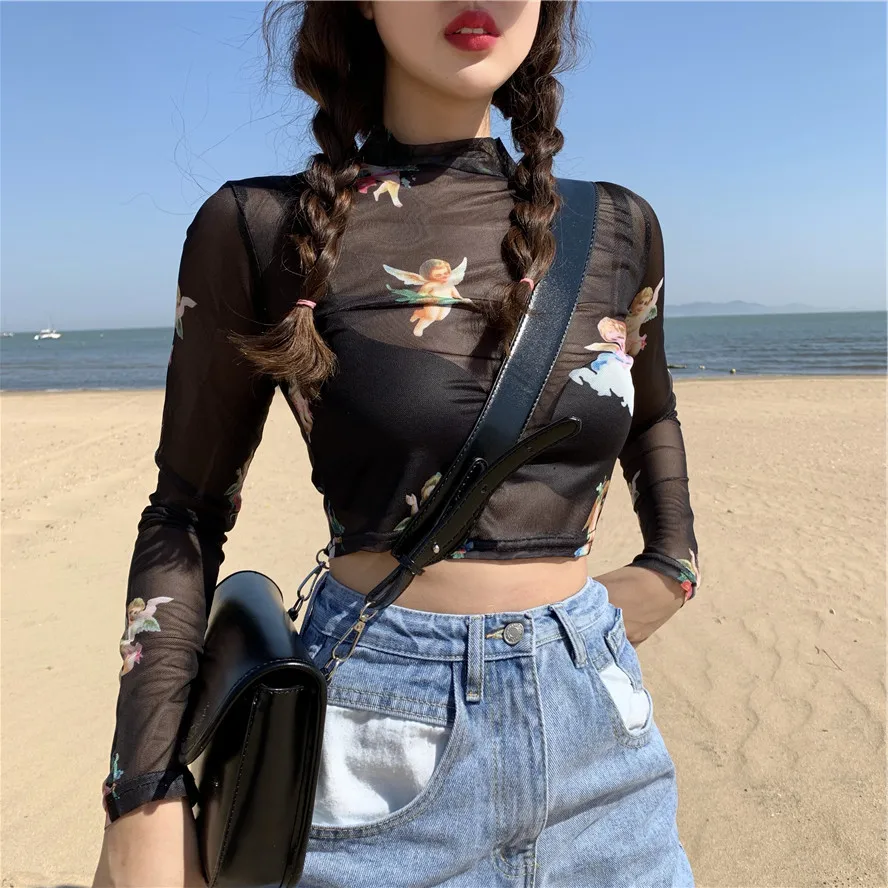 

Женская летняя облегающая футболка-поло с креативным принтом и высоким воротником из полиэстера