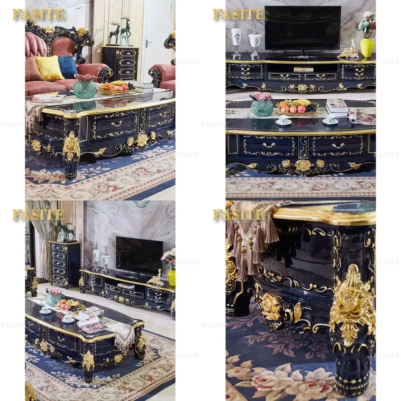 For European Solid Wood Coffee Table Set with Natural Marble Top Living Room TV Cabinet No Assembly Required Modern Furniture