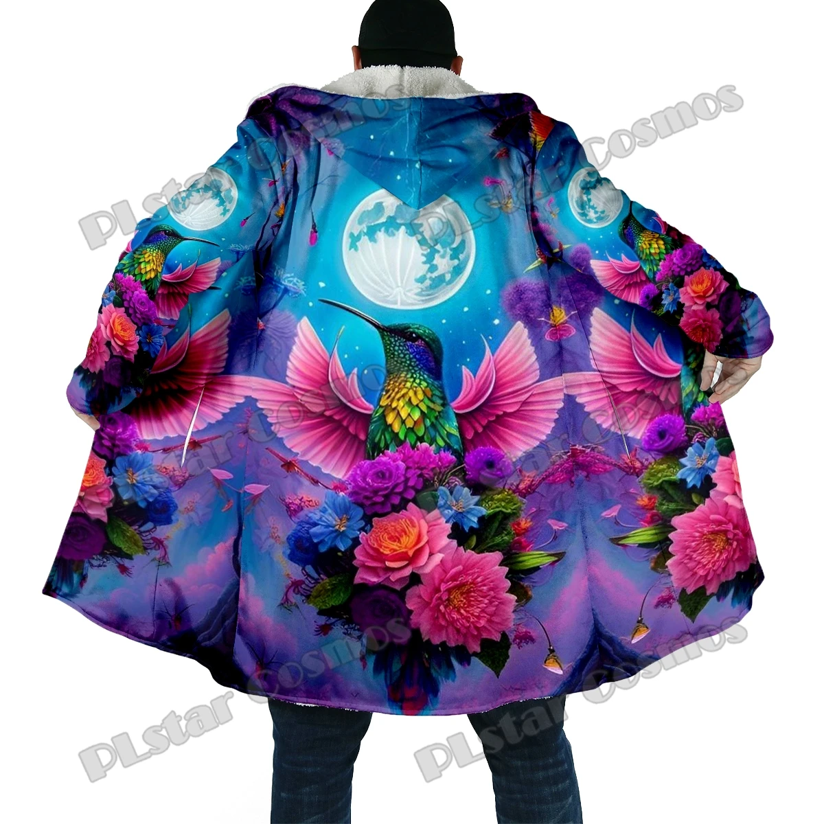 Winter Fashion Men cloak Animal Hummingbird Garden 3D Printed Thick Fleece Hooded Cloak Unisex Casual Warm Cape Coat DP39