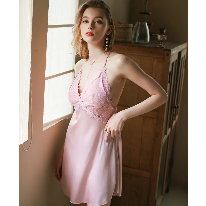 Spaghetti Strap Sexy Lace Nightgown Pink Embroider Flower Women Satin Home Dressing Gonw Sleepwear Spring Loungewear Lingerie