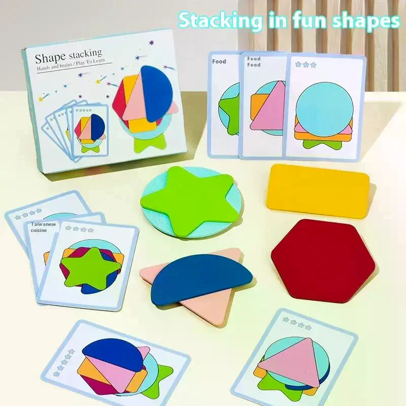 1 Set Fun Shape Stacking Puzzles Educational Toys Wooden Geometric Shapes Stacked Color Recognition Games