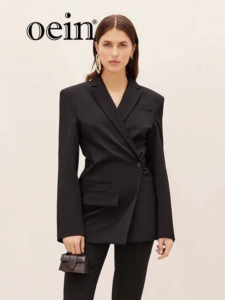 [oein]  Black Niche Suit, Spring And Autumn Wool Double Breasted Button Diagonal Collar Shoulder Pad, Women's Casual Suit