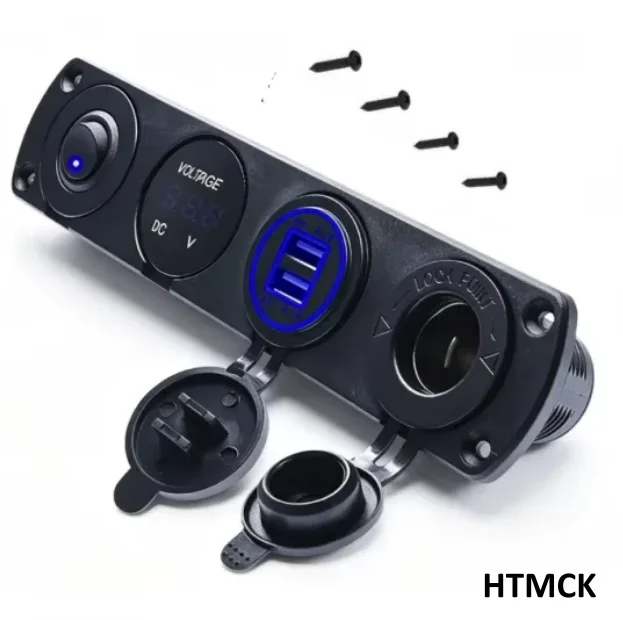 HTMCKDaierTek 4 in 1 ON/OFF Charger Socket Panel Dual USB Socket Power Outlet & LED Voltmeter &Cigarette Lighter Socket& LED Swi