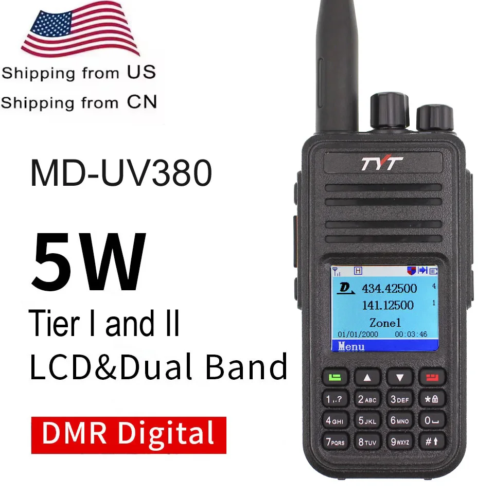 TYT MD-UV380 DMR Digital Two Way Radio Dual Band 136-174Mhz & 400-480MHz MD-380 Dual Time Slot Transceiver Walkie Talkie + USB