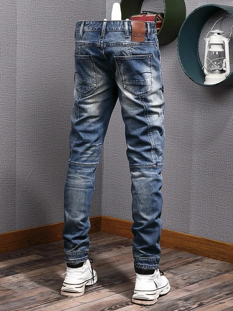 Herfstmode herfstmode Splicing retro blauwe slim fit jeans heren motorfietsstijl nostalgische gewassen broek met kleine pijpen