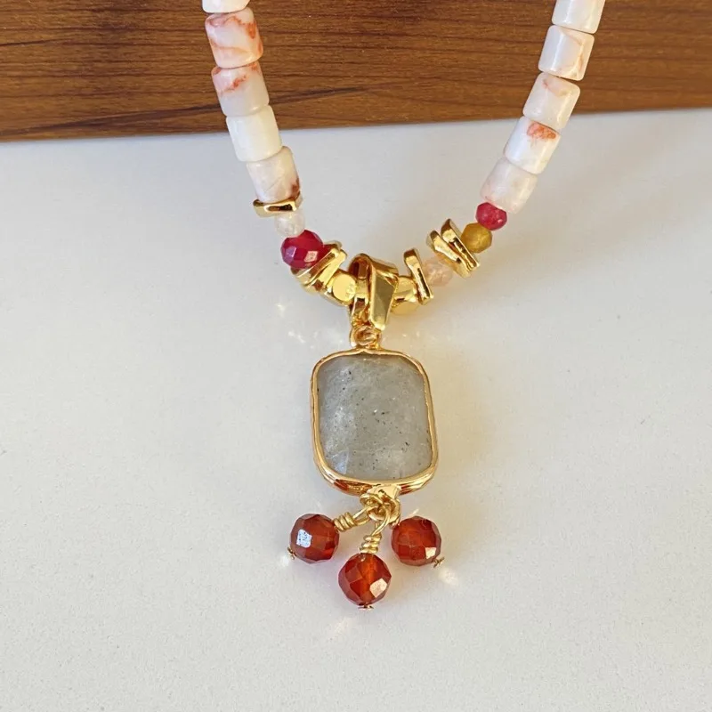 Dunhuang Modern Chinese Natural Stone Beaded Necklace Unique Vintage Multicolor Oriental Elegance Adjustable Lariat Jewelry Gift