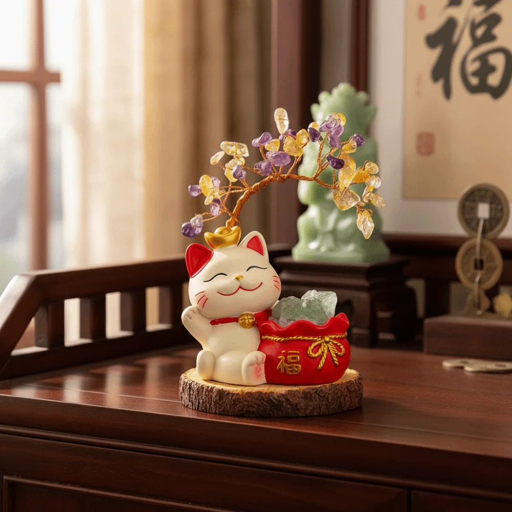 Creative Design Natural Crystal Crystal Tree Colorful Gravel Fortune Cat Energy Tree Christmas Gifts