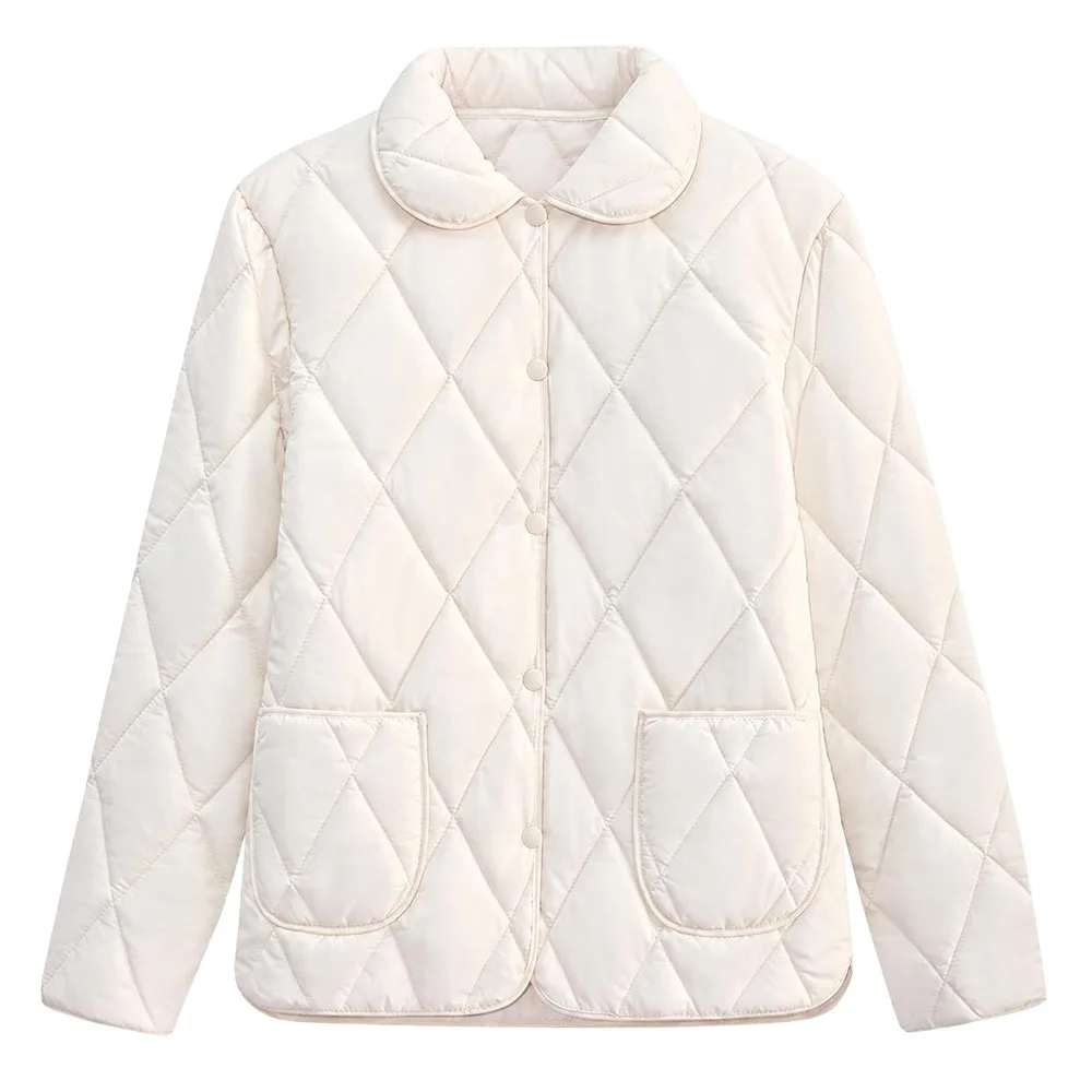 Rhomb Pattern Short Cotton Coat Big Pocket Turn-down Collar Casual Down Jacket Warm Lining Loose Fit Light Jacket Autumn Season