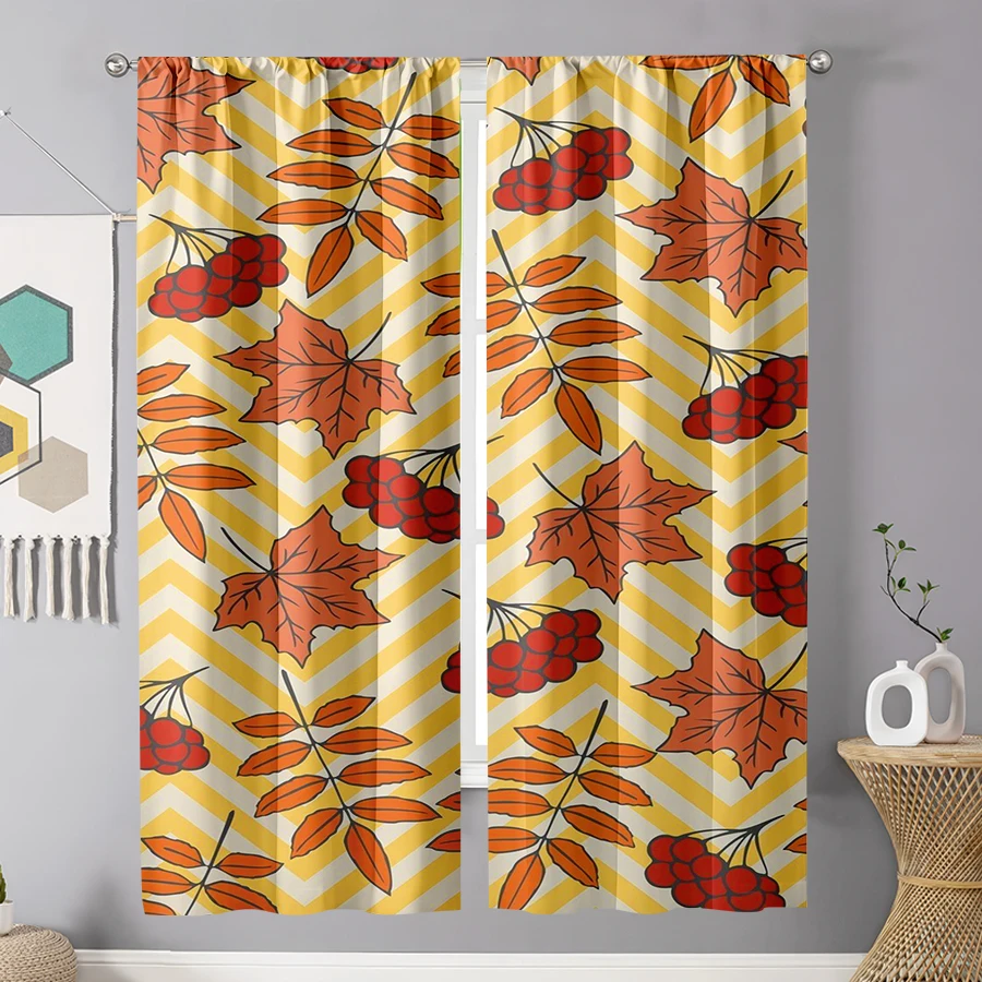 2PCS Digital Print Curtain, Autumn Leaves with Berries, Yellow Chevron Background Fall Style for Living Room Bedroom Decor
