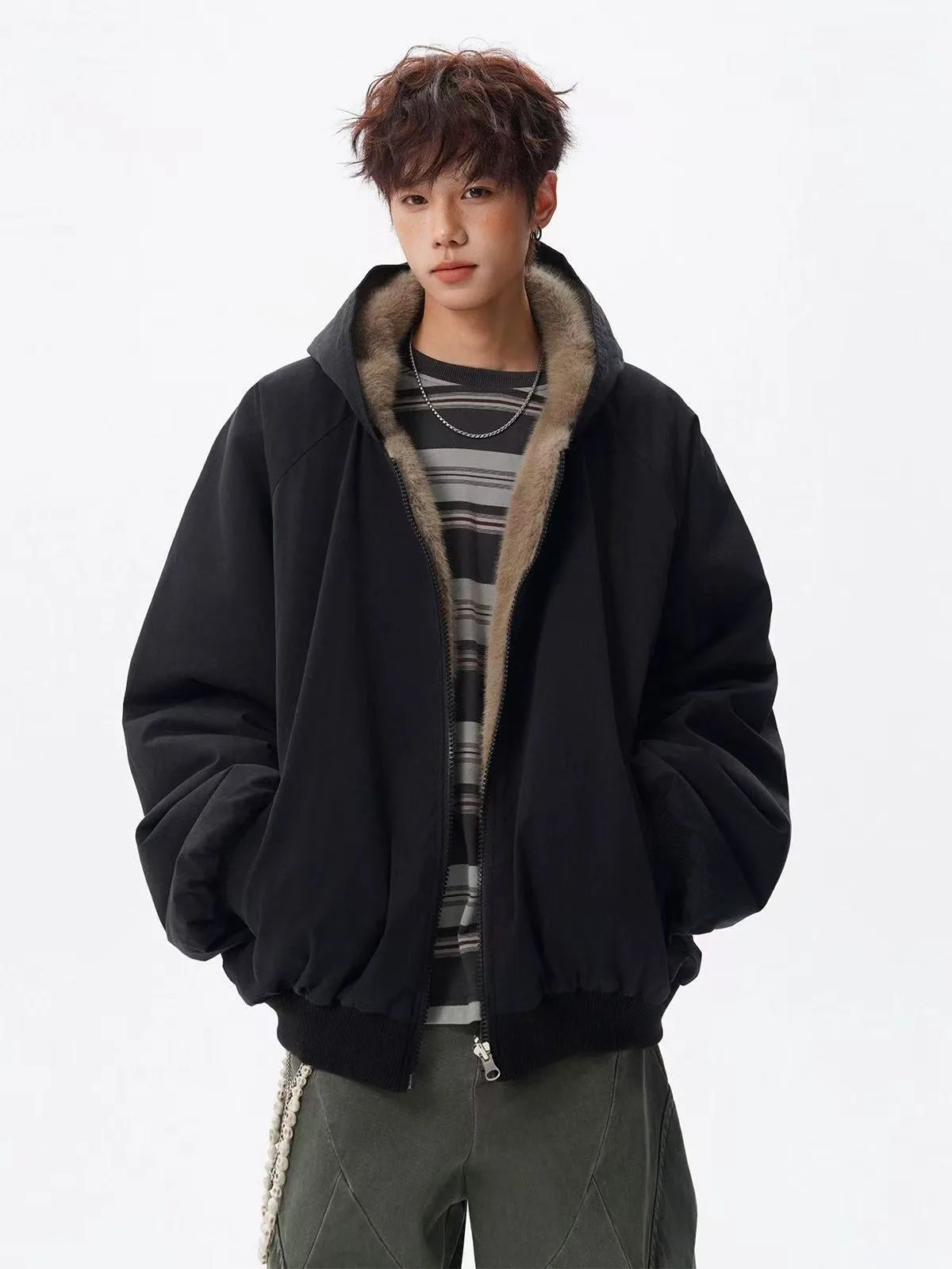 Trendy brand double-sided wearing imitation rabbit fur cotton coat, men's winter hooligan handsome warm hooded cotton coat, retr