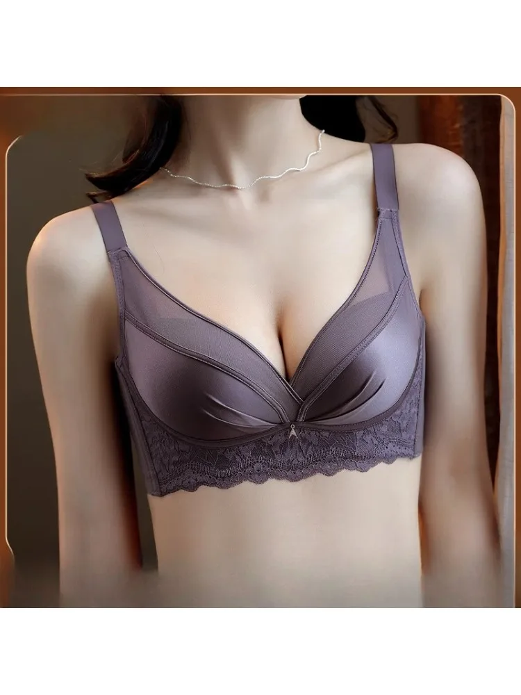 YUQI Nahtloser Satin-Mesh-BH für Damen, kleine Büste, Push-Up, ohne Bügel, mittlere Dicke, Raffung, Anti-Sagging-Brustschutz