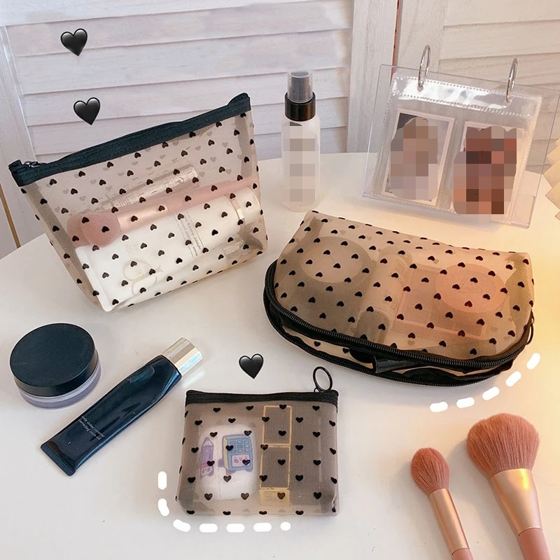 Mesh Cosmetic Makeup Bags Case Holder Cute Transparent Zipper Black Heart Printed Pencil Pen Case Pouch Convenient To Carry