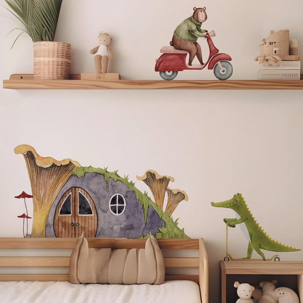 Boho Fabric Cartoon Mushroom House Bear Car Pattern Wall Stickers for Kids Room Baby Nursery Room Home Decor Interior Decals