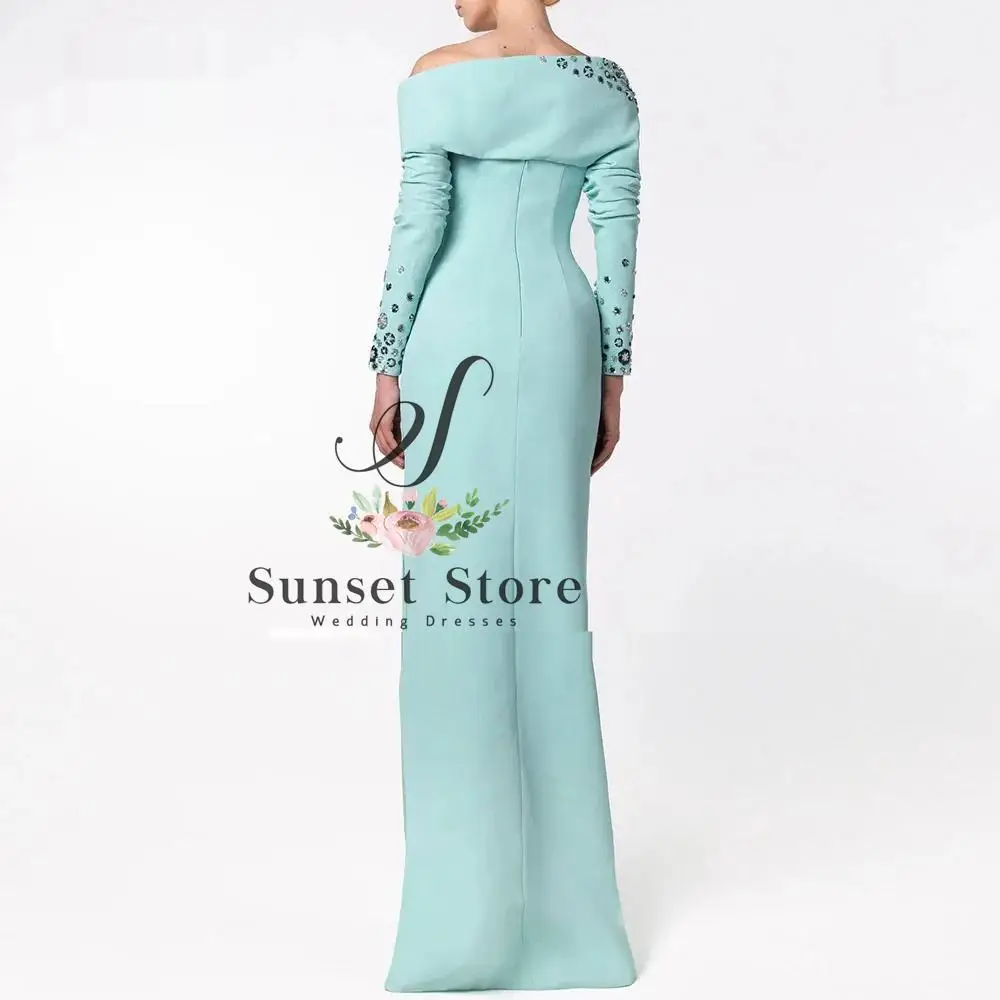 Customized  Baby Blue Mermaid Cocktail Gowns One Shoulder Crystal Long Sleeves Evening Gowns Crepe Party Dress