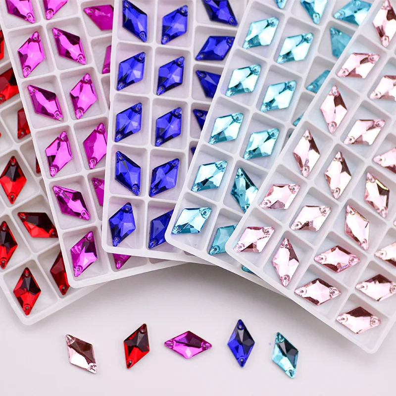 28pcs 11*19mm Glitter Crysta Sew On Rhombus Glass Rhinestone Flatback Colorful Sewing Beads For DIY Wedding Dress 18colors