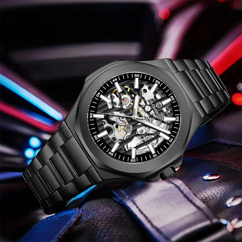 GLENAW Fashion Trend Focus Hollow Design Dial Exquisite Streamlined Case Fully Automatic Mechanical Waterproof Luminous Watch