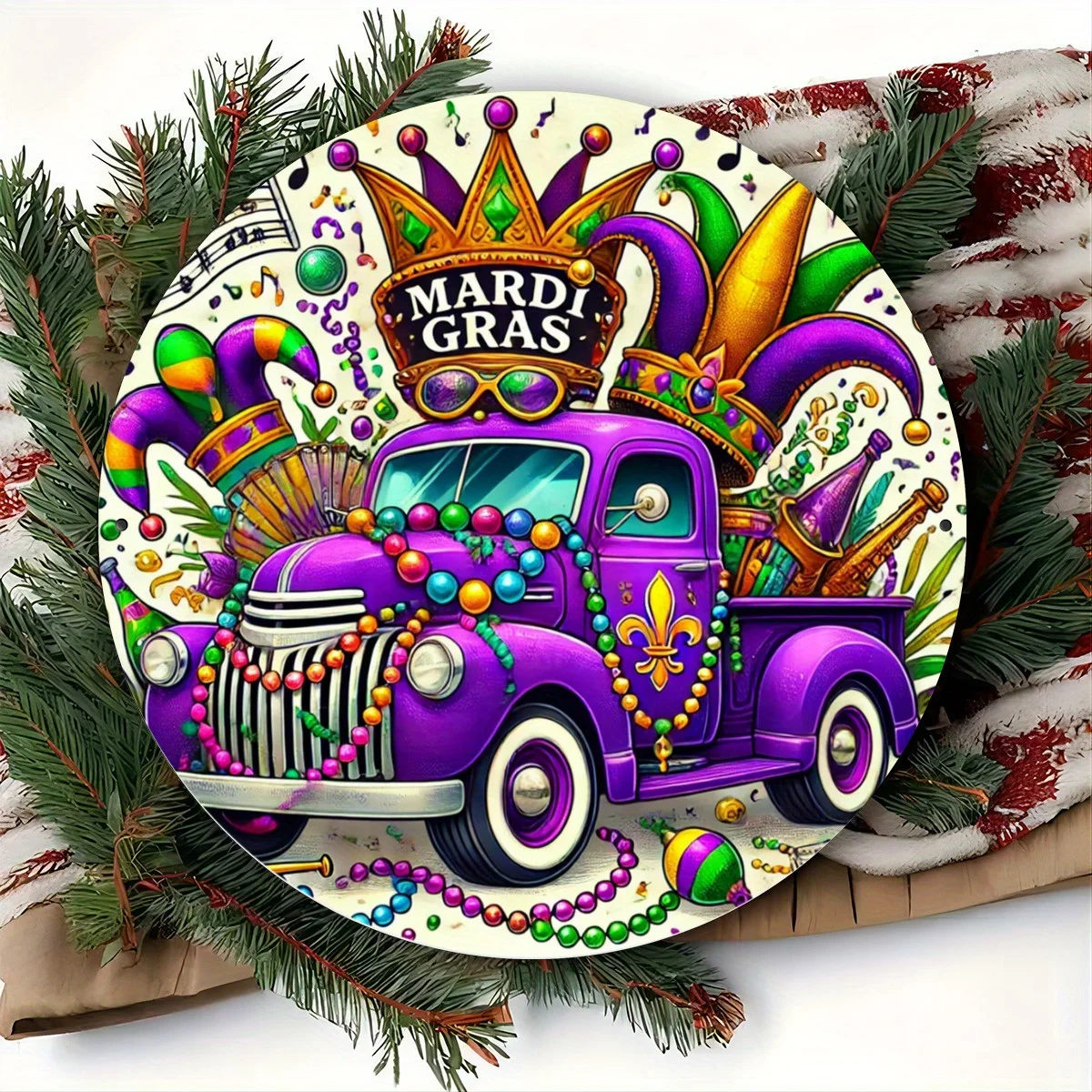 Mardi Gras Round Wall Decor Art Set of 1, Iron Crafted 2D Print, Festive Circular Ornament for Women, Home, Bedroom, Office, Liv
