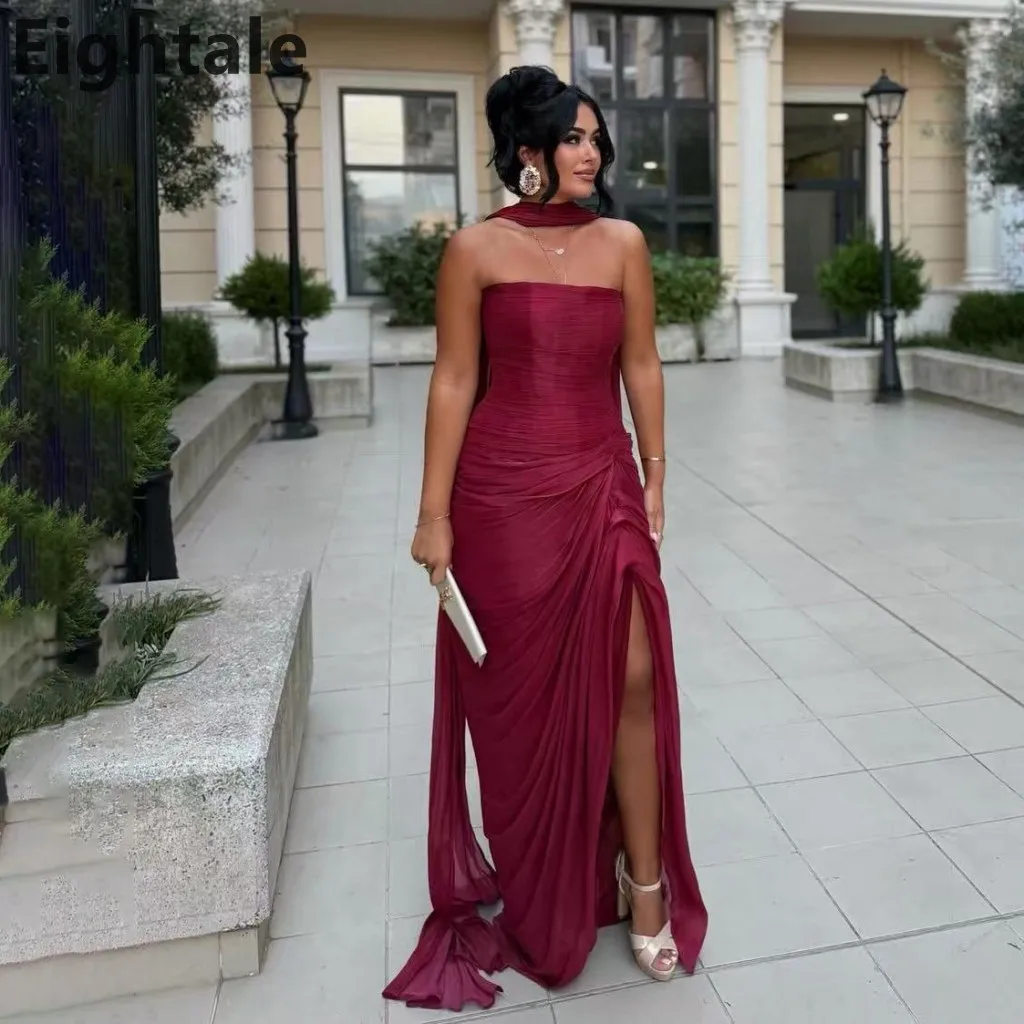 Eightale 2025 Burgundy Mermaid Maxi Evening Dress For Wedding Party Formal Prom Dress With Wrap Dubai Party Gown