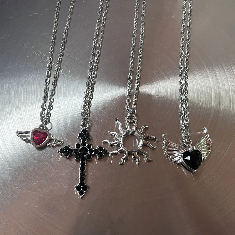 New Crystal Angel Wings Heart Pendant Necklace For Woman Minimalist Jewelry Girl's Neck Chain 45cm