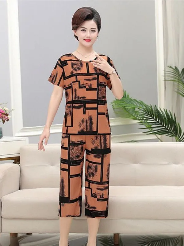 Ice Silk Mommy Set Short Sleeve Two-Piece Suit for Middle-Aged Women Comfortable Casual Pants High Waist Straight Leg Pants