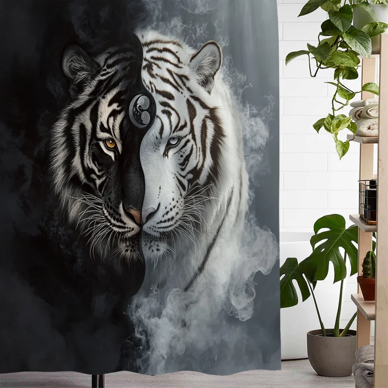 Vintage Black and White Tiger Print Water-Resistant Bathroom Drape with 12 Hooks, Machine Washable Woven Polyester Artistic Deco