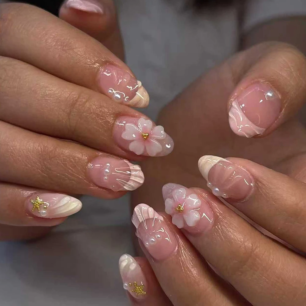 24 Uds. De pegatinas para uñas de Gel 3D ovaladas cortas, crea un arte de uñas con flores de perlas, uñas prensadas acrílicas francesas, tamaño corto que se ajusta perfectamente Fal