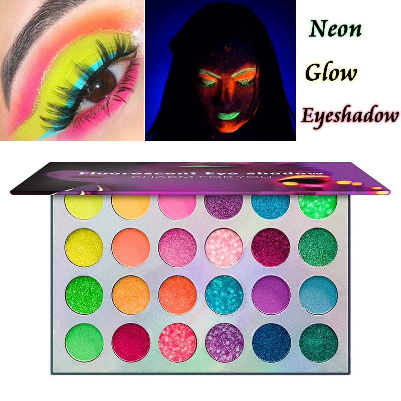 Blacklight UV Glow in Dark Fluorescent Eyeshadow Palette Stage Clubbing Neon Makeup Palette 24Colors Pigment Luminous Eye Shadow