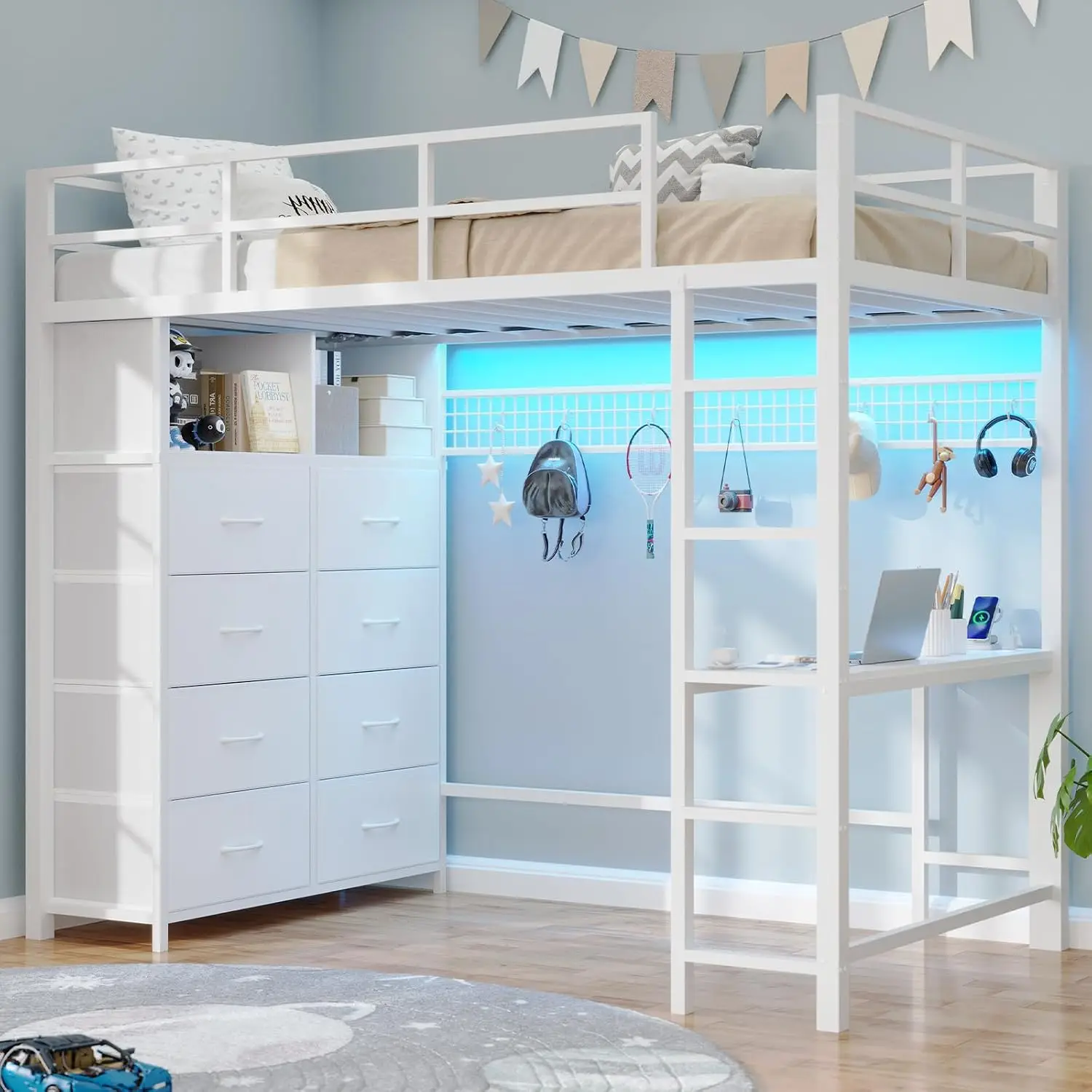 BTHFST Twin Size Loft Bed with Desk and 8 Storage Drawers, LED Lights | 2AC Outlets, 1 USB-A Ports, 1 USB-C Ports, Full-length G