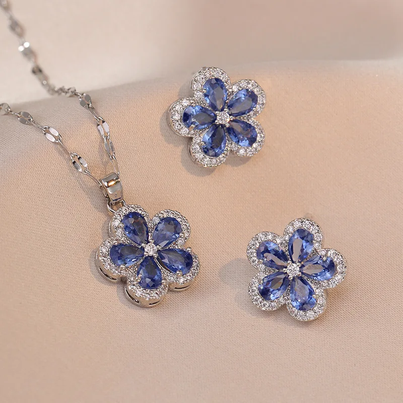 Luxury Blue Stone Cherry Flower Pendant and Stud Earrings For Women Bridal Wedding Party Zircon Clavicle Necklace Jewelry Sets