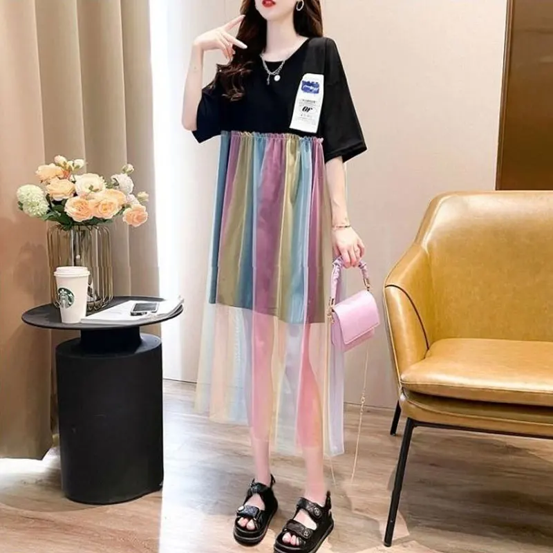 Casual Patch Designs Dresses Summer New Stylish Gauze Rainbow Color Spliced Women\'s Clothing A-Line Korean Round Neck Midi Dress