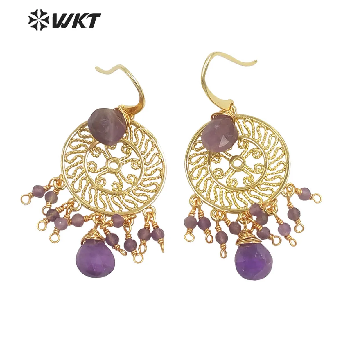 

WT-E695 Behemian Fashion Gold Gypsy With Natural Gemstone Made Dangle Earrings Handmade DIY Stone Hoop Accessories