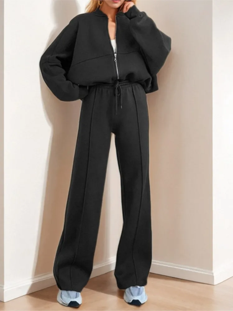 

Fashion Stand-up Collar Zipper Cardigan Top + Wide-leg Pants 2-piece Set Women Autumn Winter Solid Color Sweatshirt Suit Female