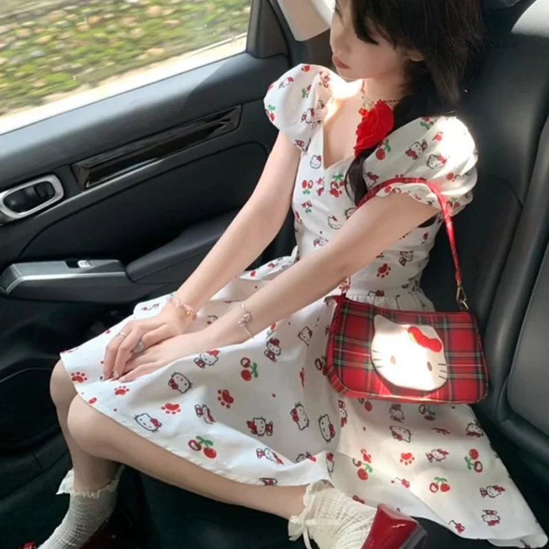 Sanrio Hello Kitty Printed Bubble Sleeve Princess Dress Japan Korean Style Sweet Fluffy Skirt Y2k Women Summer Aesthetic Dresses