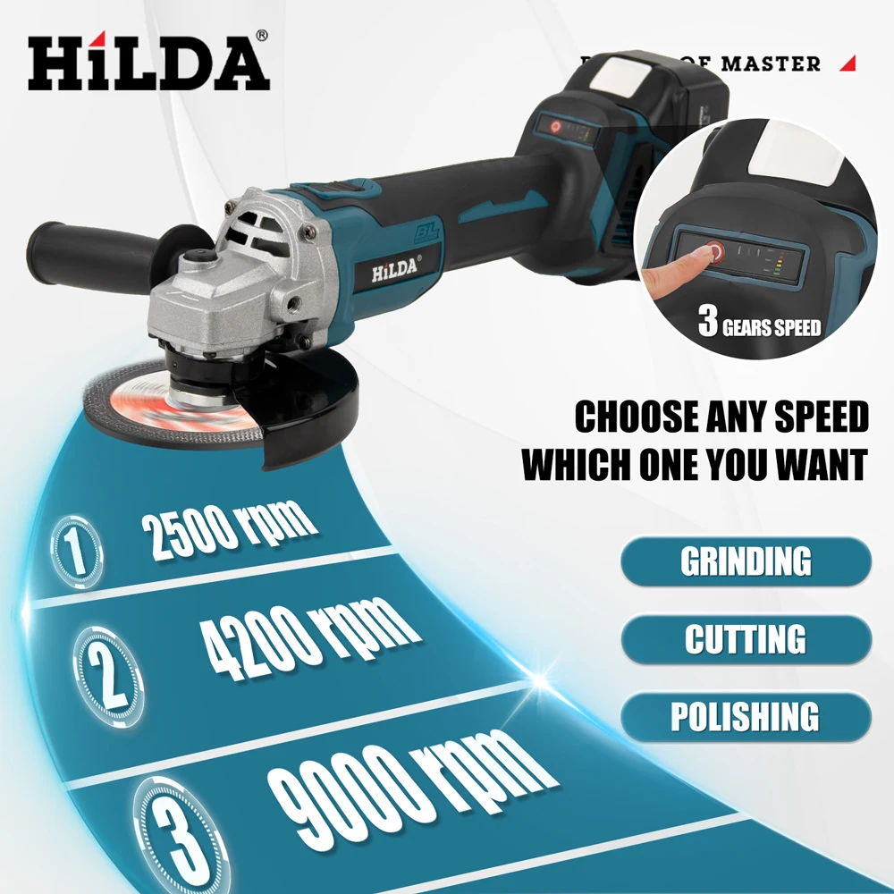 HILDA 21V Brushless Angle Grinder Brushless Polishing Machine Handheld Rechargeable Electric Power Tools for Makita Battery