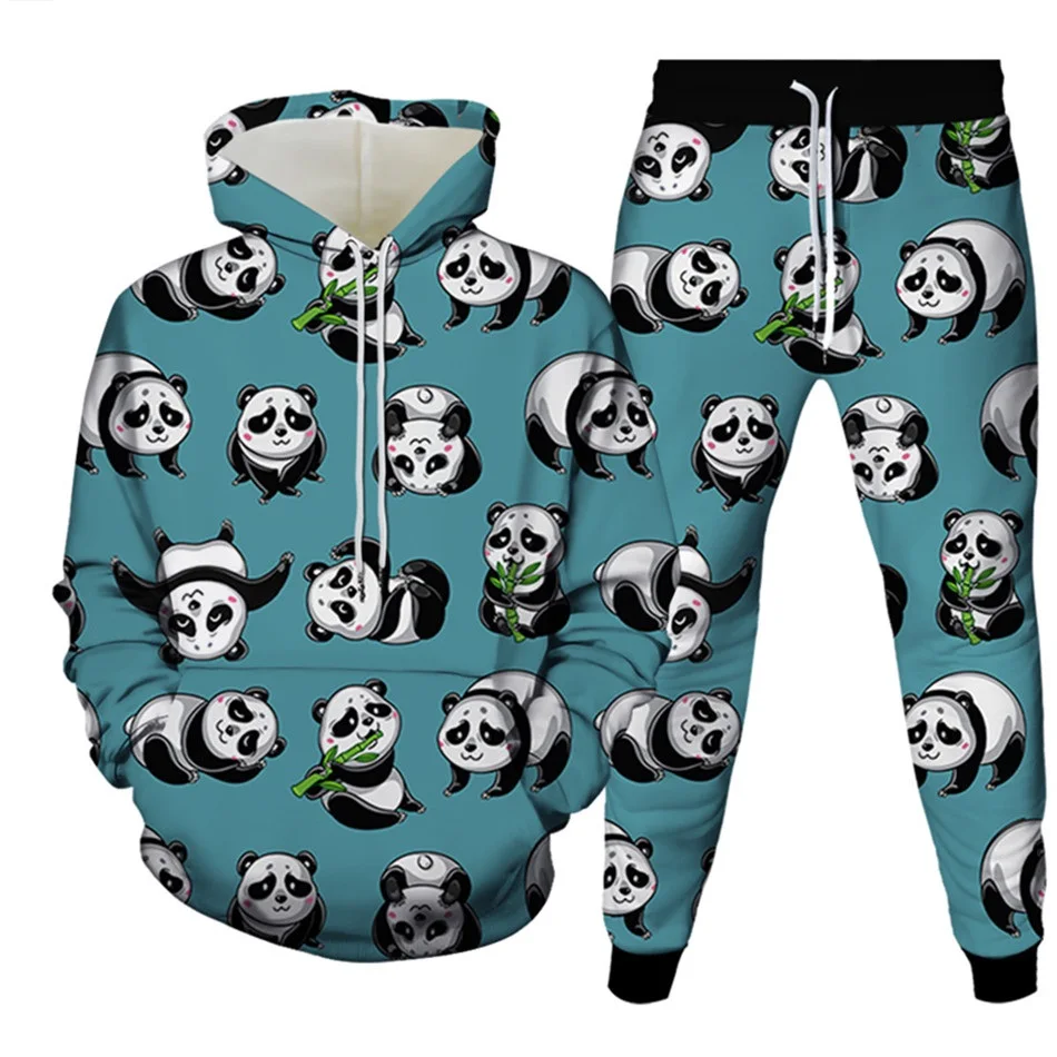 Autumn Men Hoodies+Pants Set Animal Panda Monkey Cartoon Sportswear Suit Women Tracksuits Clothing Casual Pullover High-quality