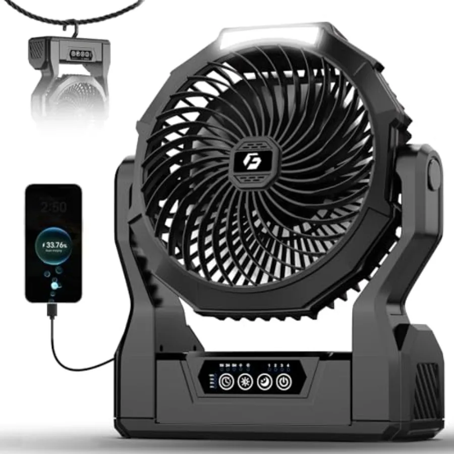 

24000mAh Rechargeable Camping Tent Fan 64H Runtime Battery Powered Portable Travel Fan with LED Light and Power Bank for Indoor