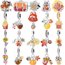 Original 925 Sterling Silver Orange Maple Leaf Acorn Fries Squirrel Charm Beads for Pandora DIY Bracelet Ladies Jewelry Gift