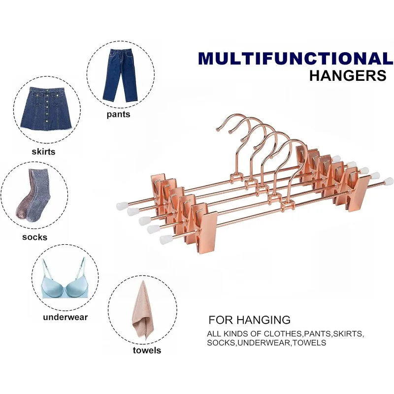 

5 Pack Adult Gold Metal Duty Trousers Rack with Adjustable Clips Space Saving Kids Pants Jeans Trousers Hanger with Swivel Hook