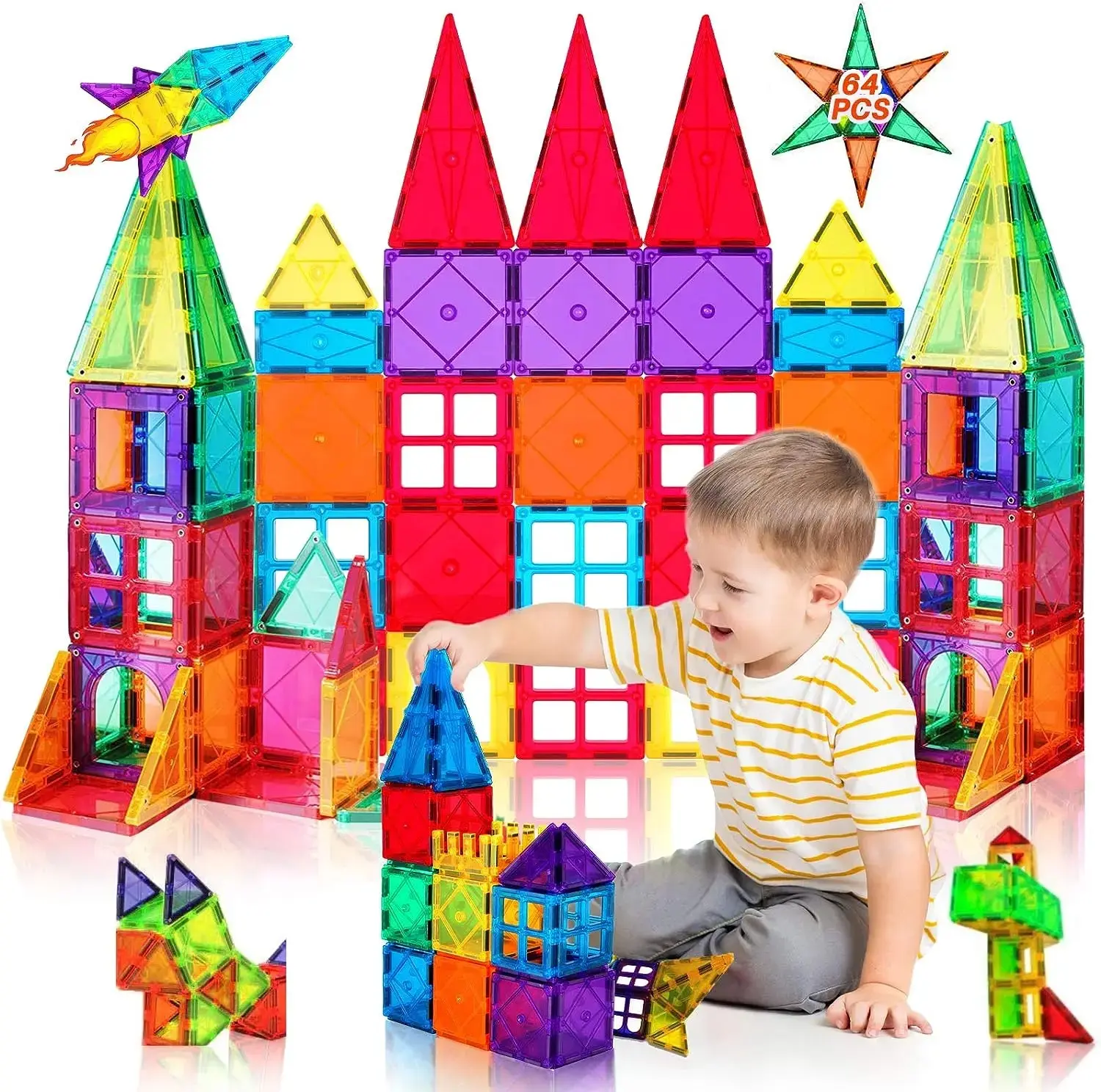 Magnetic Building Blocks 64 Pieces 3D Educational Magnet Blocks Set Toys for Children STEMS Montessori Creativity for 3+