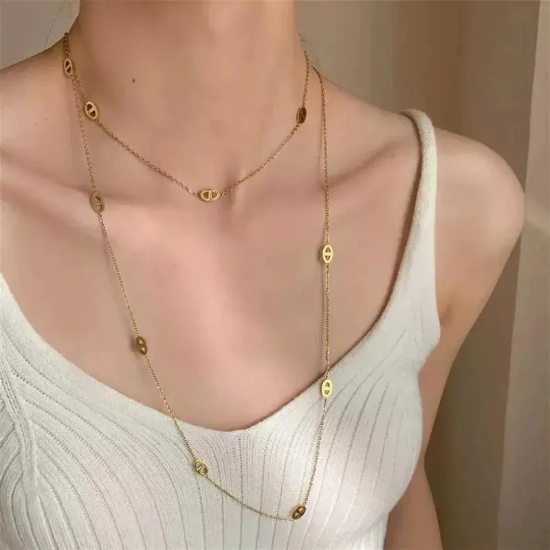 

YISON Simple Golden Stacking Pig Nose Fashion Style Metal Silver Color Long Necklace for Women Sweater Chain Accessories