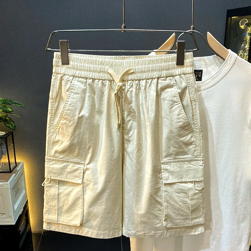 

Creamy-white Men's Casual Overalls Pants Summer Thin Multi-Pocket Design Pu Shuai All-Match Beach Sports Fifth Pants