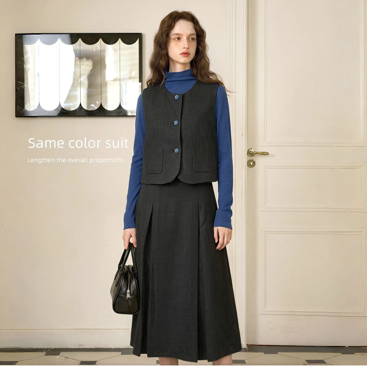 OLrain vest skirt suit women's 2026 autumn and winter new gray fashion round neck button vest pleated skirt O58QE010363