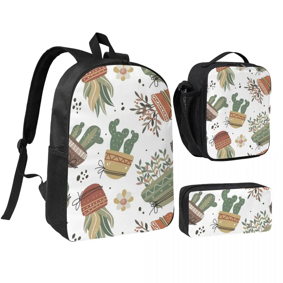 Succulent Plant Potted Watercolor Painting Backpack Student BookBag School Bag Shoulder Bags 3ps Insulated Lunch Bag Pencil Case
